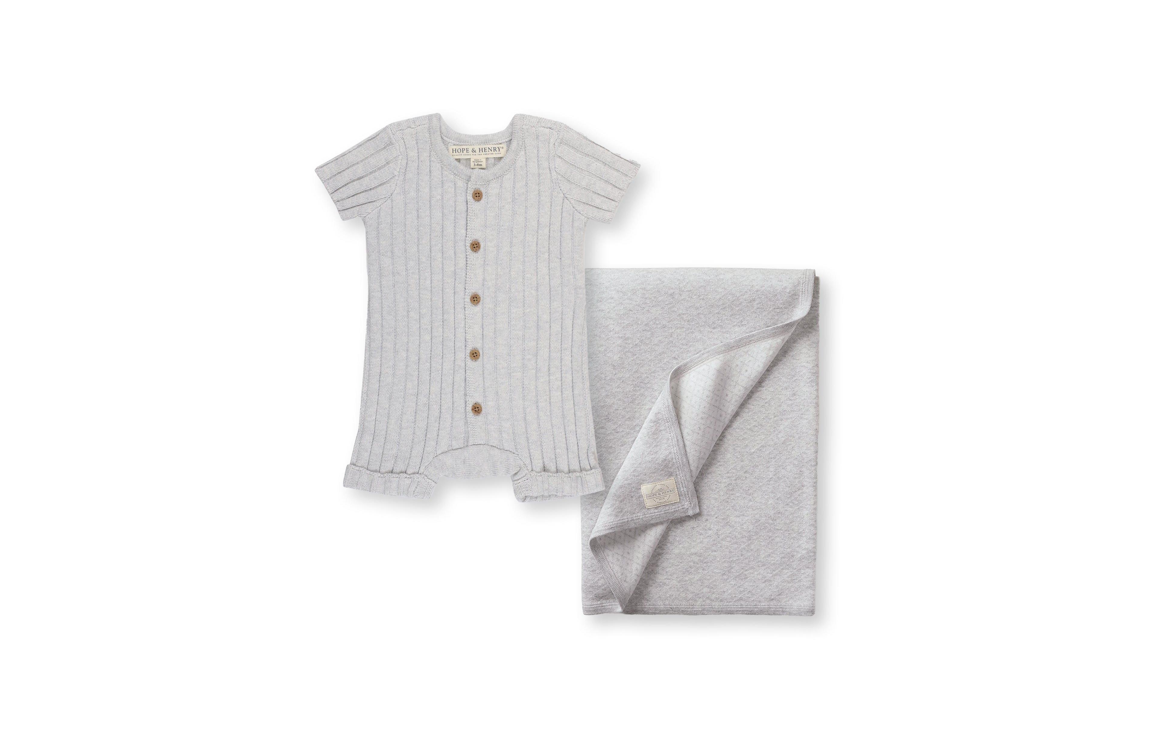 Hope & Henry Baby Girls Shortie Romper & Jacquard Blanket Gift Set
