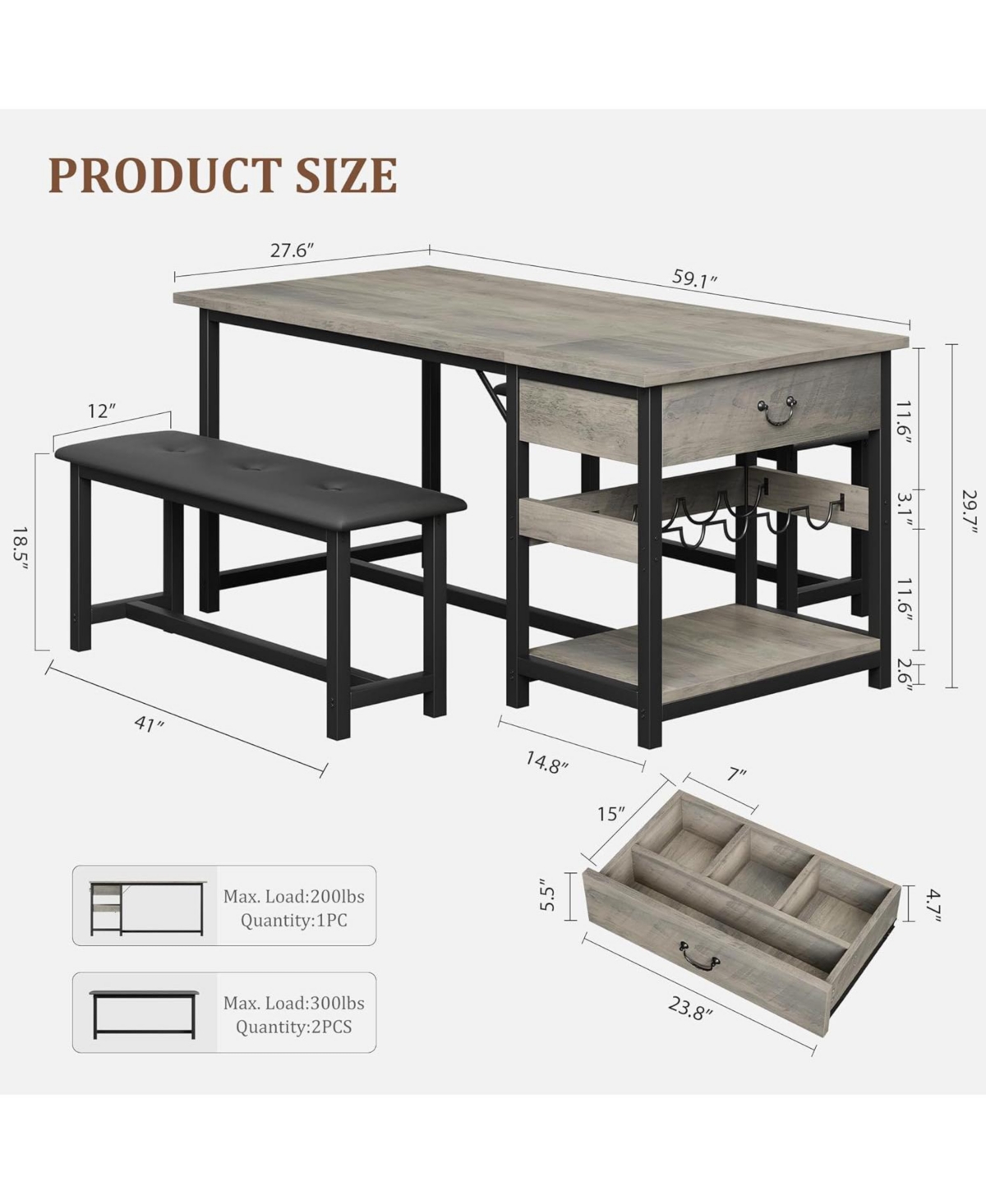 gaomon Dining Table Set for 4 with Upholstered Bench, Storage Drawers, Comfortable and Durable, Gray