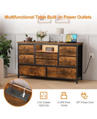 8-Drawer Dresser TV Stand with LED Lights & Charging Station, 55" Entertainment Center Storage, Rustic Brown