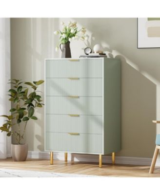 5-Drawer Modern Green Dresser, Wood Chest Organizer with Gold Handle, Tall Cabinet for Bedroom, Living Room, Entryway