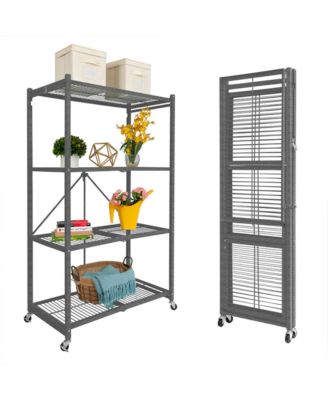 4 Tier Multipurpose Folding Storage Organizing Rack with Wheels, Gray