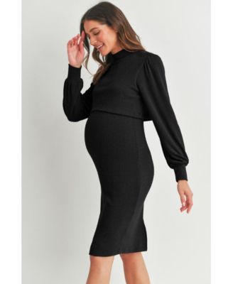 Maternity Double Layer Mock Neck Ribbed Nursing Dress