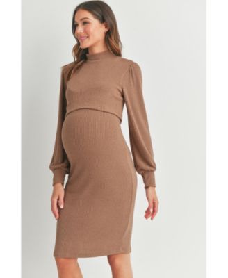 Maternity Double Layer Mock Neck Ribbed Nursing Dress