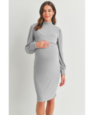 Maternity Double Layer Mock Neck Ribbed Nursing Dress