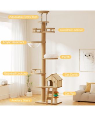 Adjustable 98-110 Inch Cat Tree with Scratching Post, Wood Condo, & Hammock
