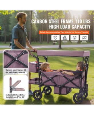 Wagon Stroller for 2 Kids Folding Push-Pull Stroller with Canopy Purple