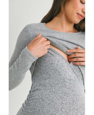 Maternity Long Sleeve Ribbed Side Ruched Nursing Dress