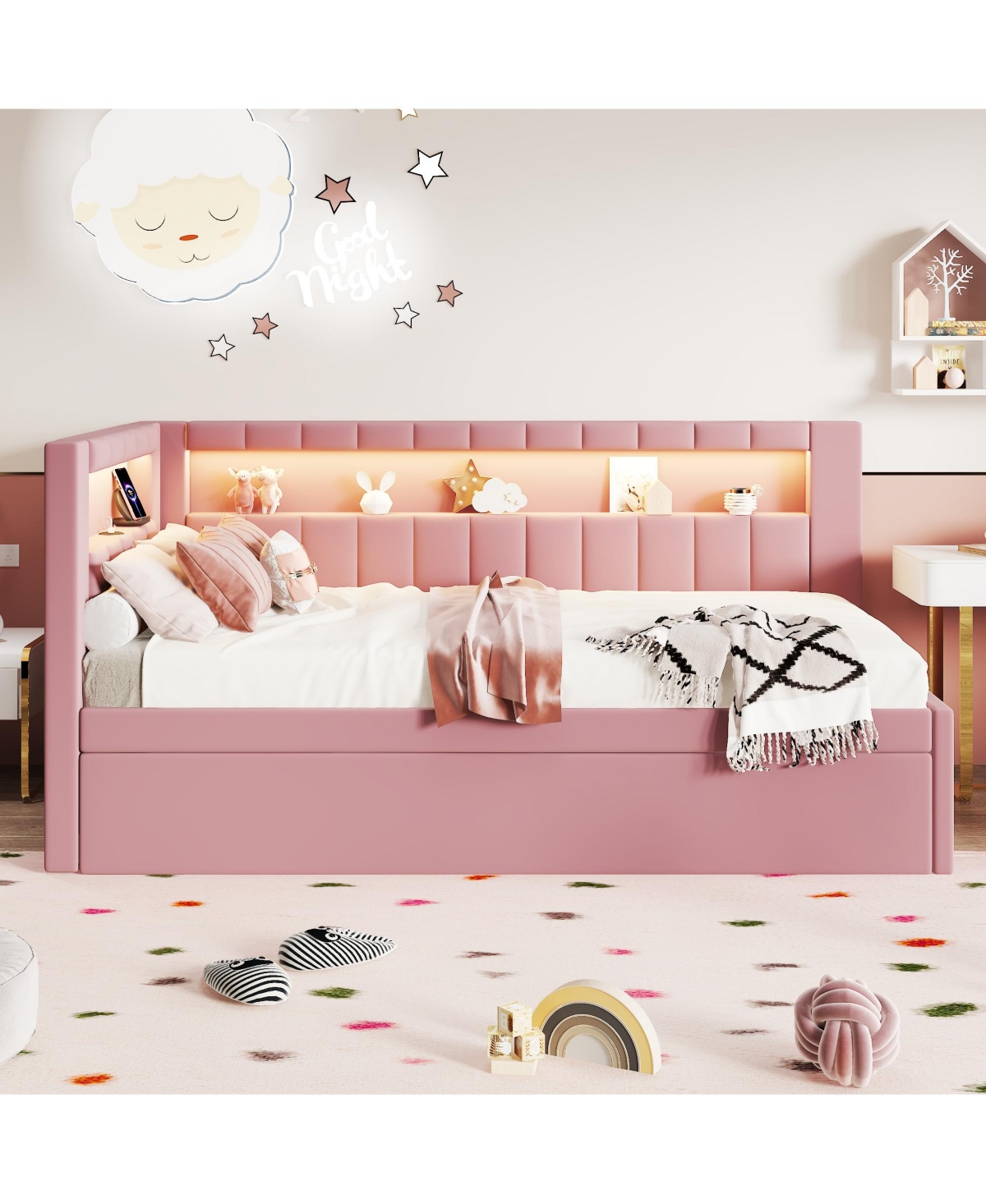 Lovmor Upholstered Twin Size Platform Bed with Usb Ports and Led Belt With Trundle Pink