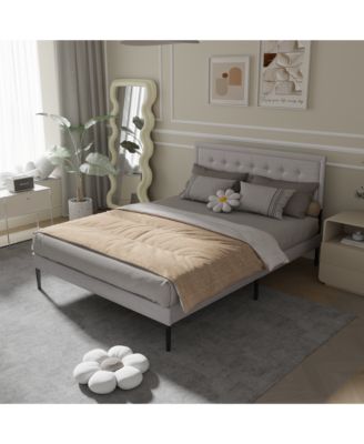 Queen Size Iron Platform Bed Frame with Wooden Slats & Upholstered Headboard Elegant Playhouse Style