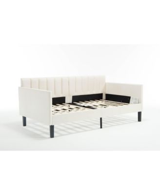 Elena Twin Size Beige Velvet Upholstered Daybed Ribbed Tufted Backrest Daybed in Lavish Modern Design Richly Hued Foam Comfort