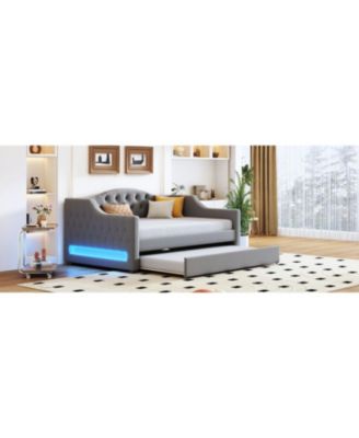 Upholstered Full XL Size Daybed with LED Belt and Trundle Gray