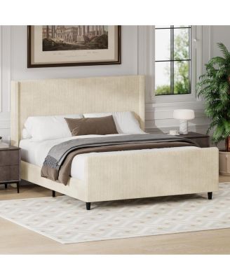 High Headboard Corduroy Upholstered Bed Frame with Vertical Stripe Wingback and High Footboard No Box Spring Needed Queen Size Cream