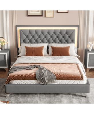 Queen Size Upholstered Bed Frame with LED Lights Modern Velvet Platform Bed with Tufted Headboard Gray