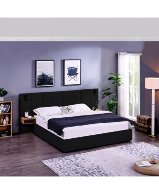 King Size Storage Velvet Upholstered Hydraulic Platform Bed with 2 Shelves 2 Reading Lamps and USB Port