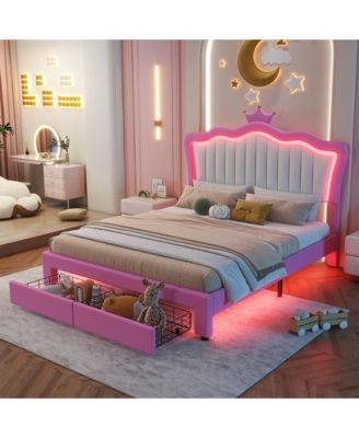 Full Size Upholstered Bed Frame with LED Lights Modern Upholstered Princess Bed with Crown Headboard 2 Drawers Pink+White