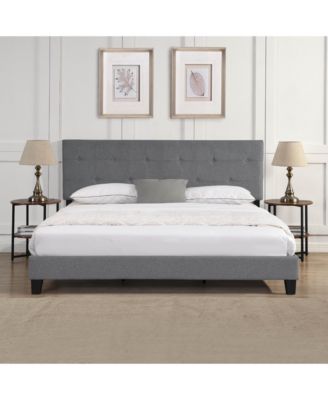 King Size Upholstered Platform Bed Frame with Button Tufted Linen Fabric Headboard No Box Spring Needed Wood Slat Support Easy Assembly Gray