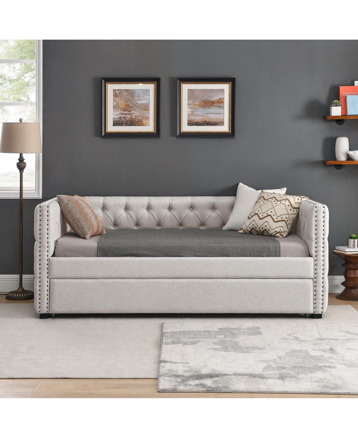 Lovmor Daybed with Trundle Upholstered Tufted Sofa Bed with Button and Copper Nail on Square Arms both Twin Size Beige