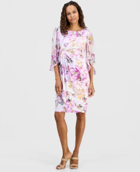 Petite Floral Gathered-Front Cape-Sleeve Dress - Ivl