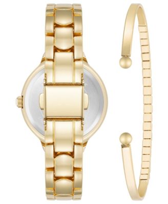 Women's Quartz Crystal Accented Champagne Dial Gold-Tone Alloy Metal Watch Set, 28mm