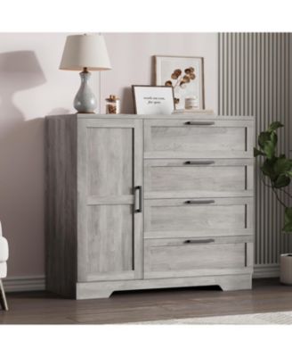 4-Drawer Modern Wood Dresser with Wardrobe Closet, Hanging Rod Storage Cabinet for Bedroom, Multifunctional Armoire Organizer