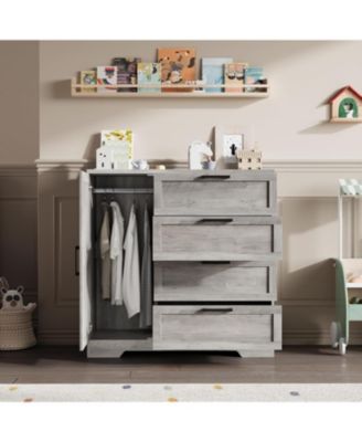 4-Drawer Modern Wood Dresser with Wardrobe Closet, Hanging Rod Storage Cabinet for Bedroom, Multifunctional Armoire Organizer