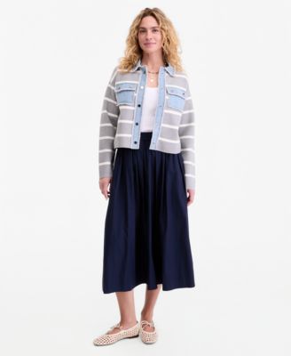 Women's Denim-Trim Striped Cardigan Jacket