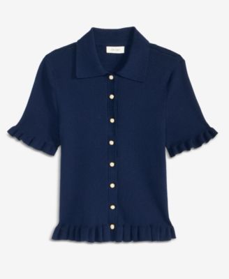 Women's Short-Sleeve Ruffle-Trim Collared Cardigan