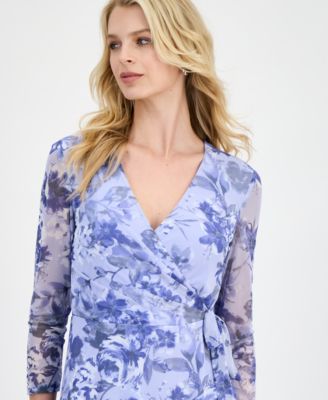 Women's Floral Mesh-Sleeve Side-Tie Wrap Dress