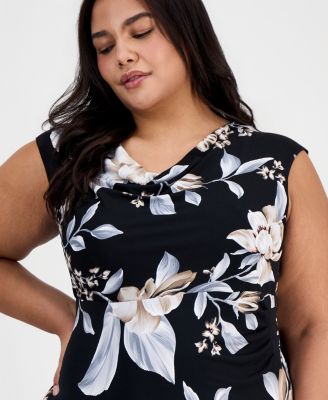 Plus Size Floral Draped-Neck Side-Tuck Dress