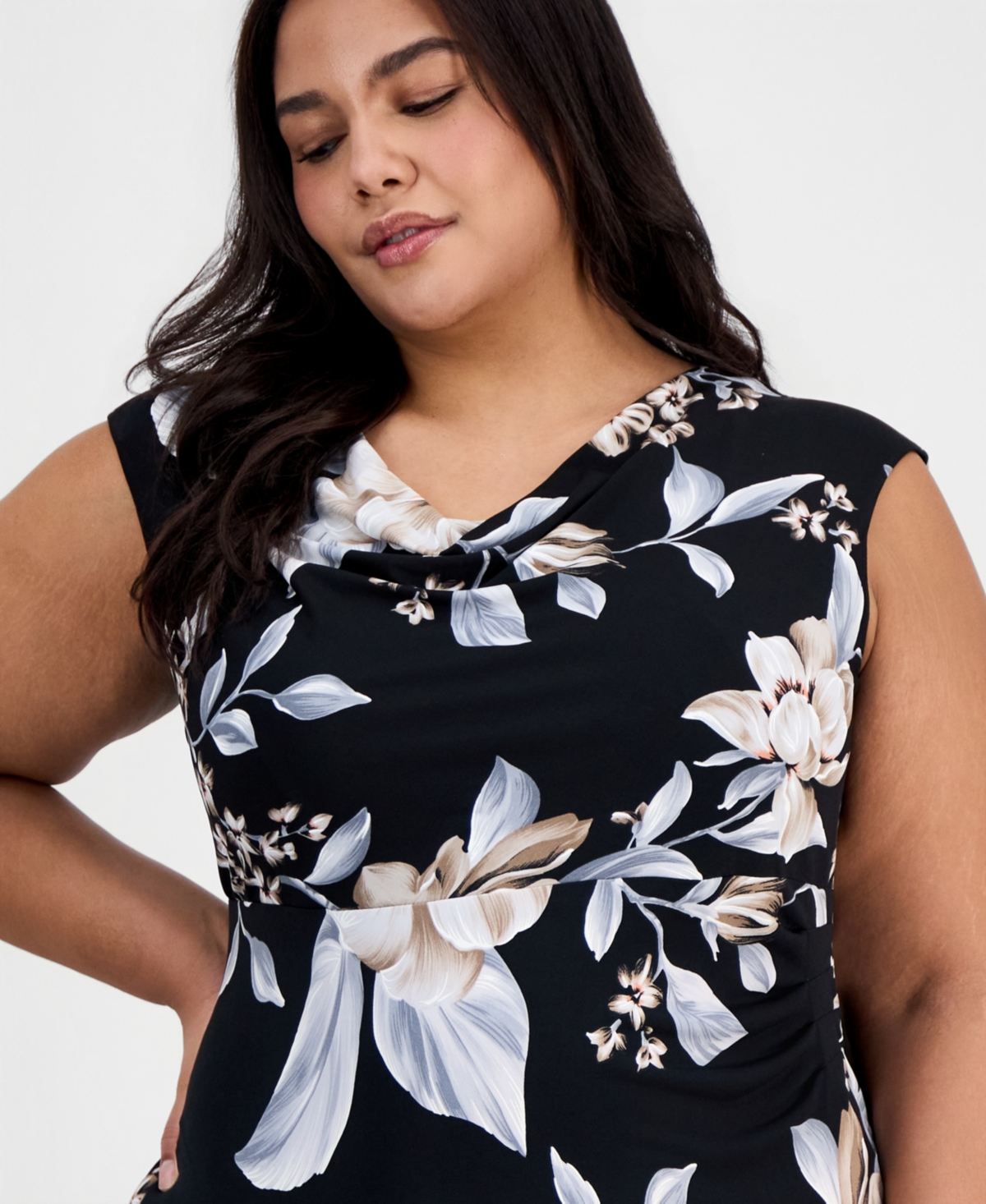 Connected Plus Floral Draped-Neck Side-Tuck Dress