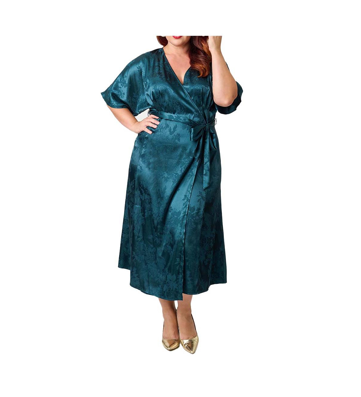 Unique Vintage Plus Size Tie Wrap Surplice Midi Dress