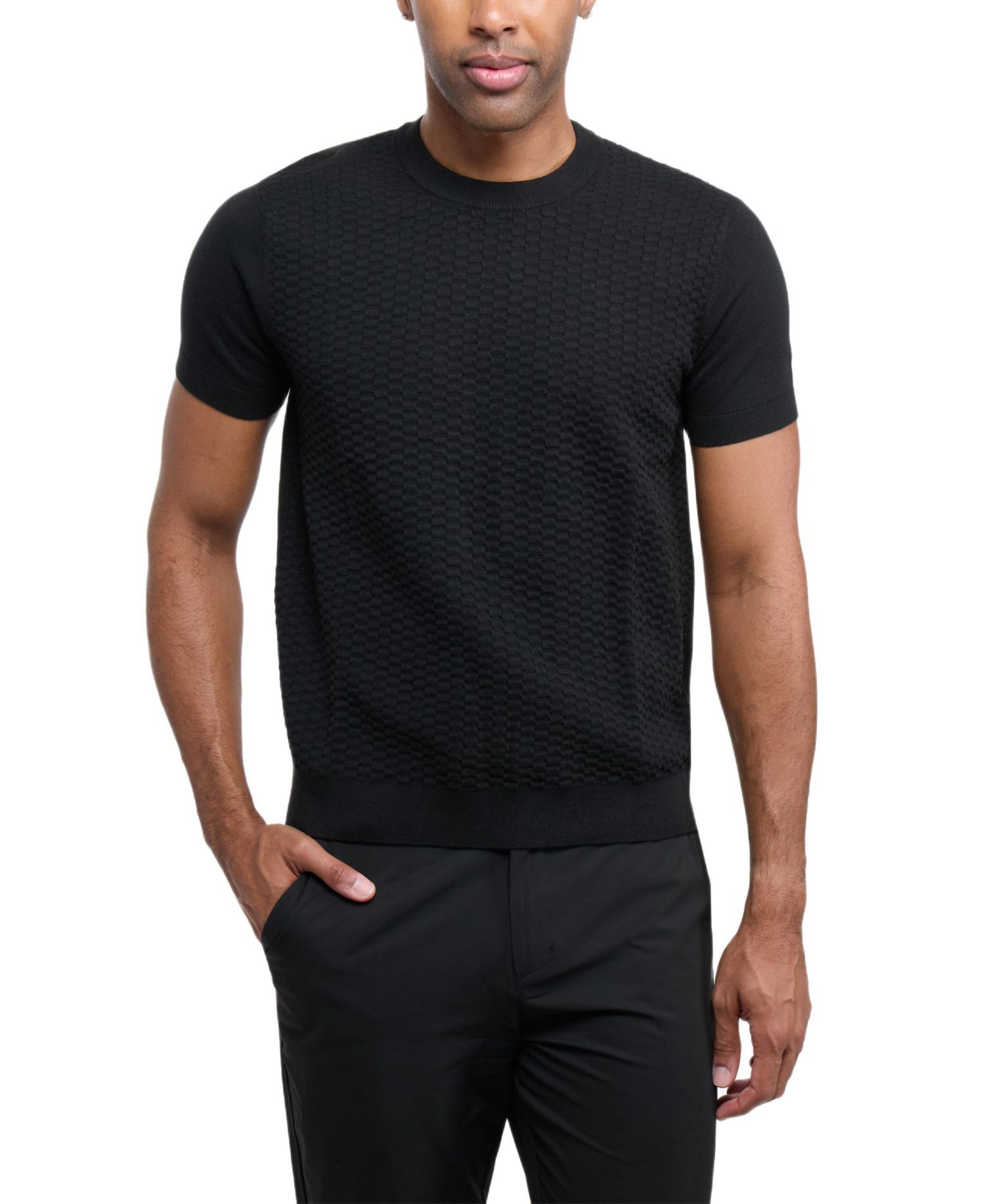 X RAY Men's Crew Rib Neck Checkered Sweater