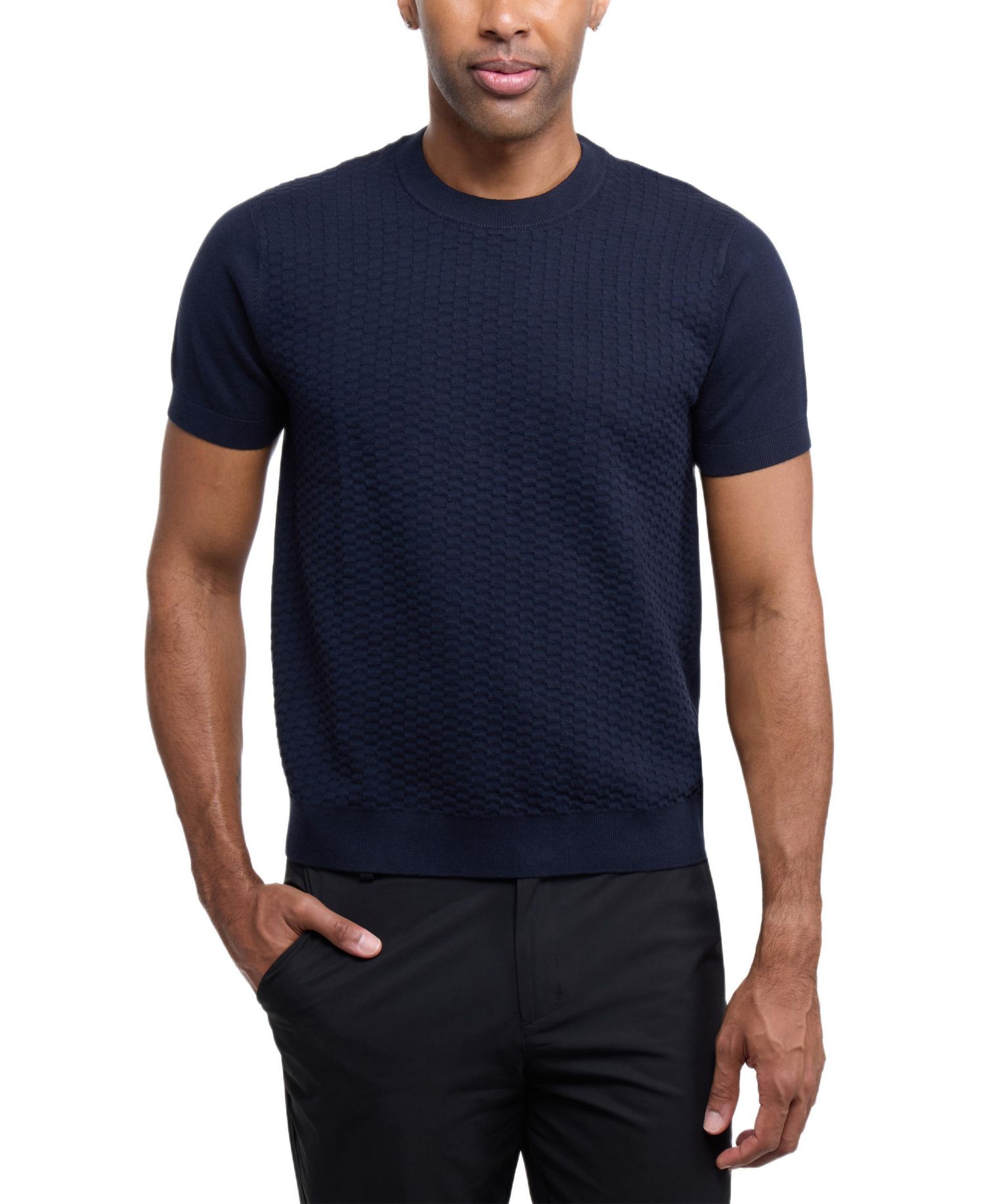 X RAY Men's Crew Rib Neck Checkered Sweater