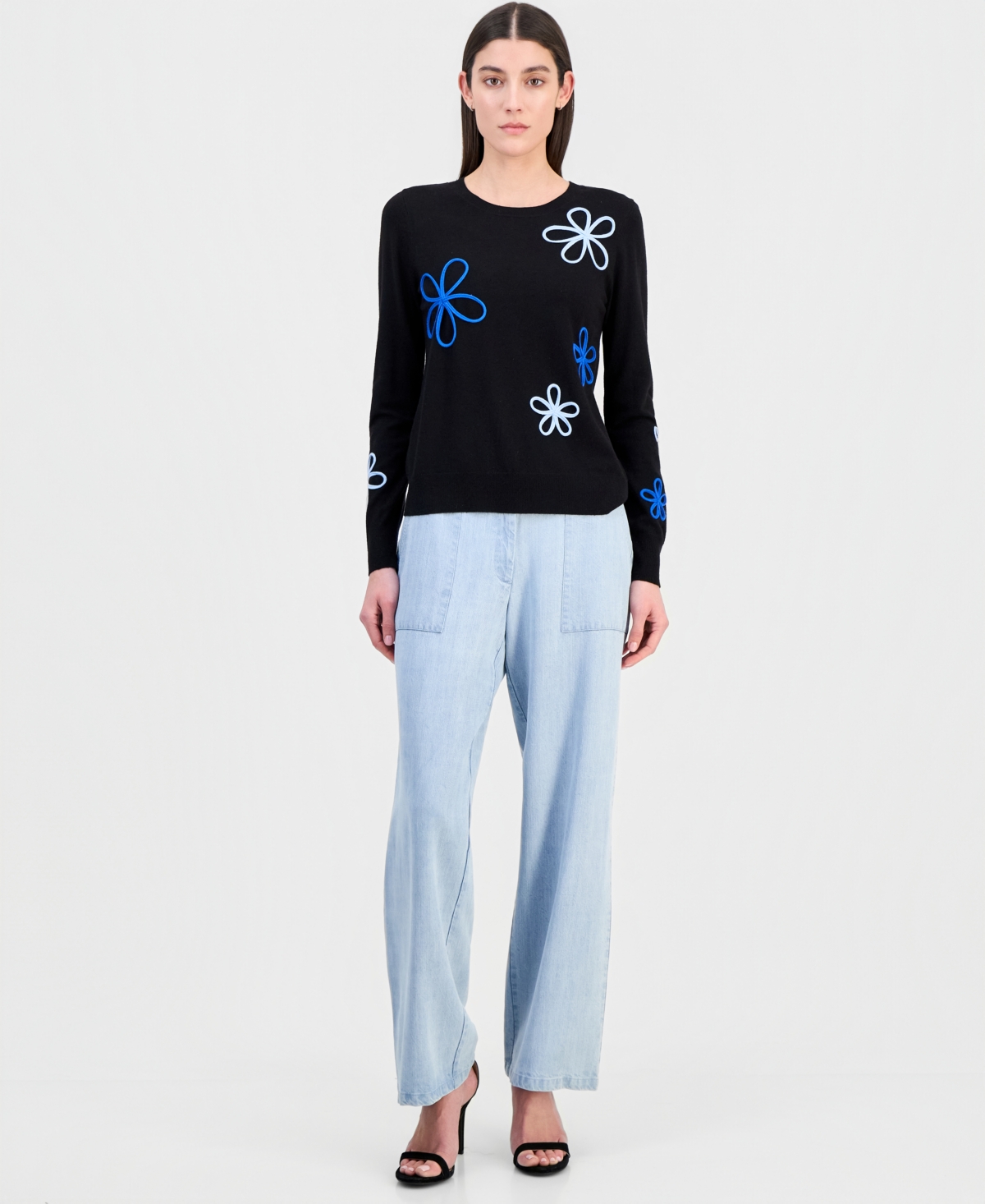 T Tahari Women's Floral-Applique Crewneck Sweater