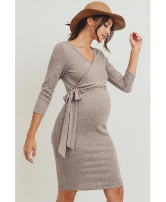 Maternity V Neck Wrap 3/4 Sleeve Nursing Dress