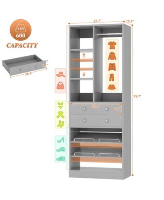 28'' Freestanding Closet Storage System with 2 Drawers, Closet Tower with Hanging Rod, Shelves & Adjustable Shoe Racks
