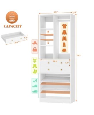 28'' Freestanding Closet Storage System with 2 Drawers, Closet Tower with Hanging Rod, Shelves & Adjustable Shoe Racks