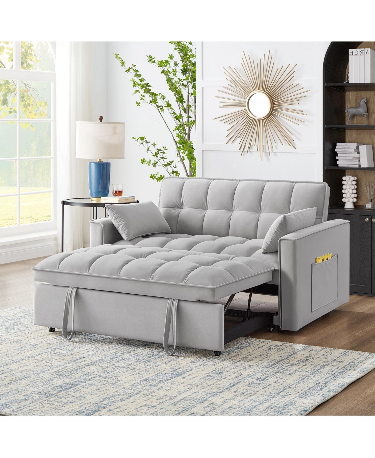Clihome 4 in1 Loveseat Sofa Bed with Armrests & Storage Pockets, Multi-Function Tufted Pull-out Adjustable