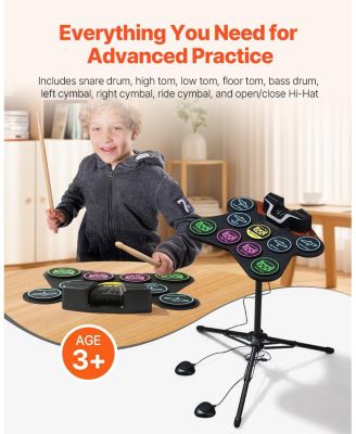 Roll-Up Electric Drum Set 9 Pads with Stand Pedals Light-Up Sticks