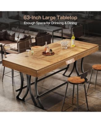63" Counter Height Dining Table with Metal Footrest, Rectangular Tall Kitchen Bar Table, Natural