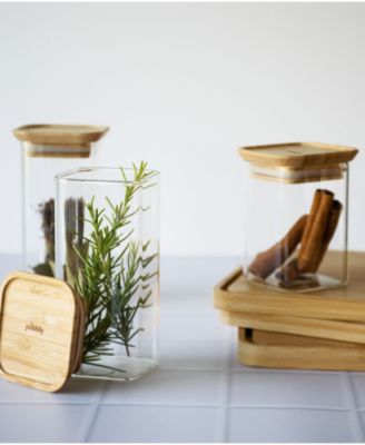 Square Glass Bamboo Canisters for Spice Herbs, Set of 4