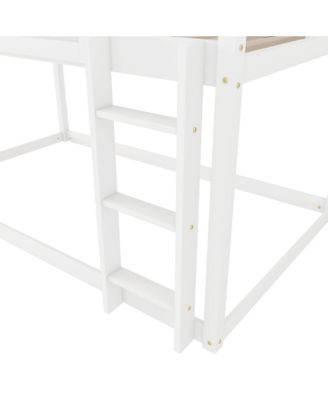 Wood Kids Juniors Low Twin Over Twin Bunk Bed Floor Bunk Bed with Ladder and Built-in Shelf