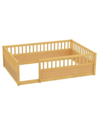 Montessori Wooden Floor Bed with Safety Fence Kids Low Profile Play Bed Frame for Bedroom & Playroom