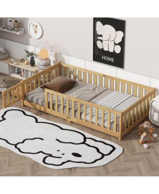 Twin Size Floor Bed with Safety Fence & Door Rubber Wood Kids Bed for Compact Rooms