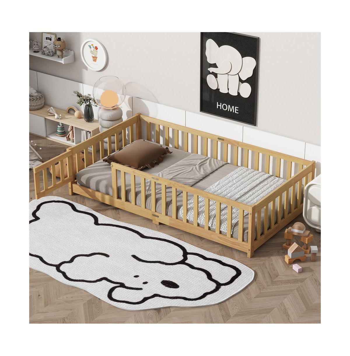 Cesicia Twin Floor Bed with Safety Fence & Door Rubber Wood Kids for Compact Rooms