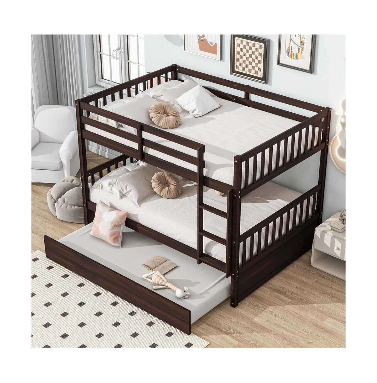 Cesicia Full over Bunk Bed Convertible to 2 Beds Rubber Wood with Ladder & Guardrails