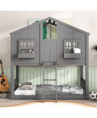 Twin over Twin House Bunk Bed with Roof Window Door & Safety Guardrails Playful Wooden Loft Bed for Kids
