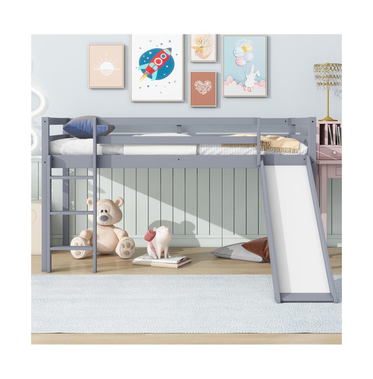 Cesicia Twin Low Loft Bed with Slide & Ladder Rubber Wood Play Safety Guardrails for Kids