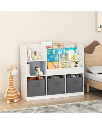 White/Gray Kids Bookcase with 3 Collapsible Fabric Drawers for Bedroom