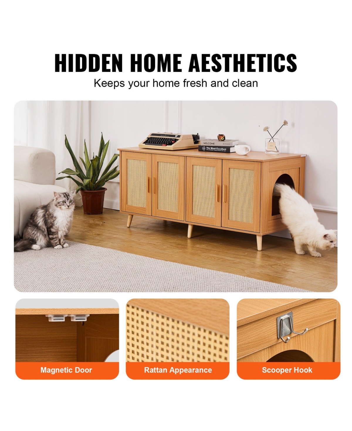 Cozito Double-Compartment Wooden Litter Box Enclosure with Rattan-Style Doors, 47.2", Natural